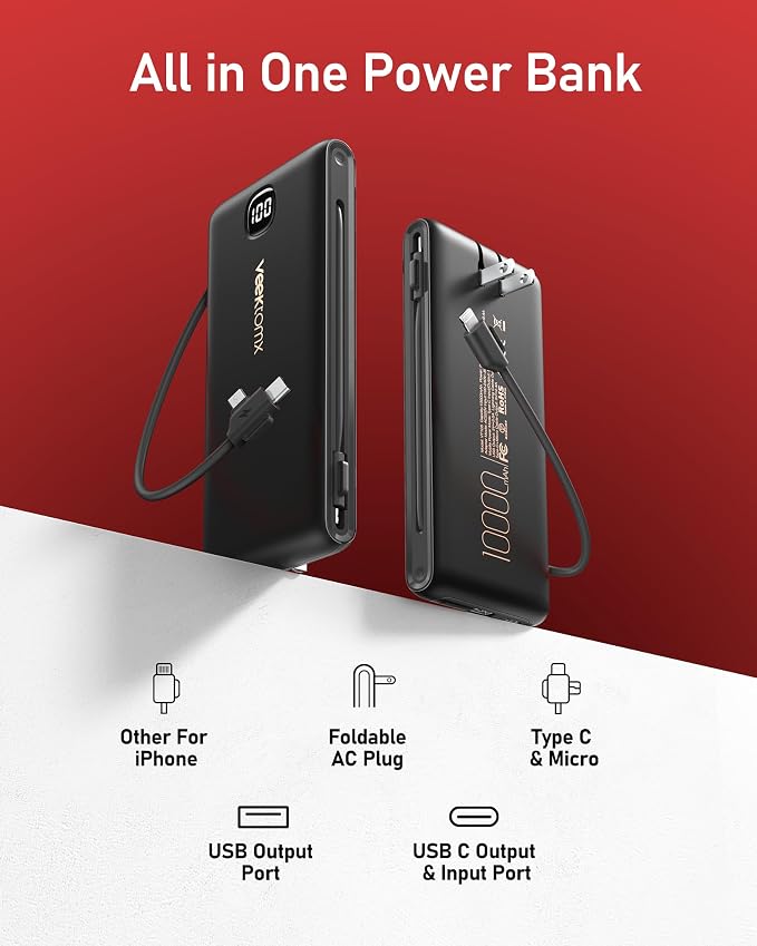 VEEKTOMX Portable Charger with Built in Cables 10000mAh, Power Bank for iPhone with AC Wall Plug, Fast Charging USB C Slim Battery Pack with LED Display Compatible with iPhone 17/16/15/14, Samsung - Image 3