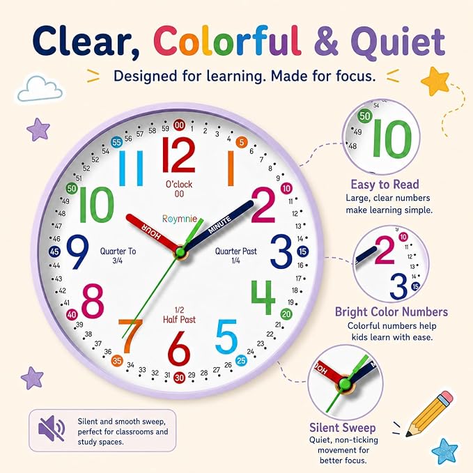 Roymnie Wall Clock 8 Inch for Kids Learning to Tell Time Easily Non Ticking - Image 7