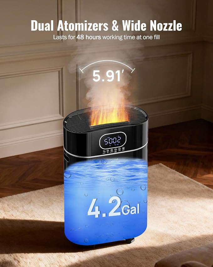 4.2Gal/16L Cool and Warm Mist Humidifier Large Room, Auto Restart Humidifiers for Home 1500 sqft, Air Humidifiers for Bedroom with Diffuser & Flame Light, Whole House Humidifiers for Baby Plant, Black - Image 4