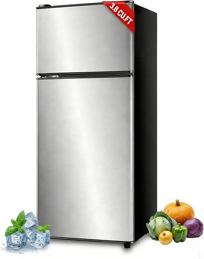Refrigerator with Freezer 3.8 Cu.Ft Top-Freezer Compact frige Silver | 7 Level Adjustable Thermostat Control ,2 Door, Lock Fresh,Low noise,Low Power Consumption by KRIBBLING