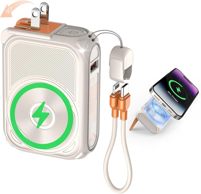 SEANCHEER P05 Portable Charger, Magnetic Power Bank, Small Wireless PowerBank, Battery Pack10000mAh Travel Essentials Fast Charging with Built in Cable, Foldable Wall Plug for iPhone,Samsung,Andriod by SEANCHEER