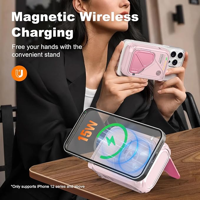 P05 Portable Charger, Magnetic Power Bank, Small Wireless PowerBank,Emergency Battery Pack 10000mAh Travel Essentials Fast Charging with Built in Cable, Wall Plug for iPhone,Samsung,Andriod (Pink) - Image 3