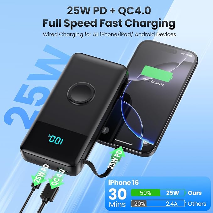 AONIMI Portable Charger 40800mAh Power Bank with 2 Built in Cables and Apple-Watch Charger, 25W PD Fast Charging USB C Battery Pack, 5 Output 2 Input Phone Charger for iPhone 17/16/15,Android - Image 4