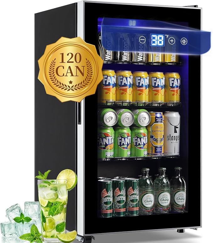 Beverage Refrigerator Cooler 120 Can with LED Display Touch Screen | 3.5 CU.FT Large Capacity with Glass Door, LED Light & Adjustable Shelves for Soda Beer Wine, Perfect for Home Bar Office by WANAI%C2%AE