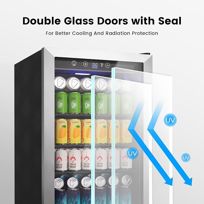 Feelfunn 4.5 Cu.Ft Beverage Refrigerator Cooler - 145 Can Mini Fridge Glass Door for Soda Beer Wine, Small Refrigerator for Bedroom Office Home Bar, 4 Adjustable Shelves, Silver - Image 7