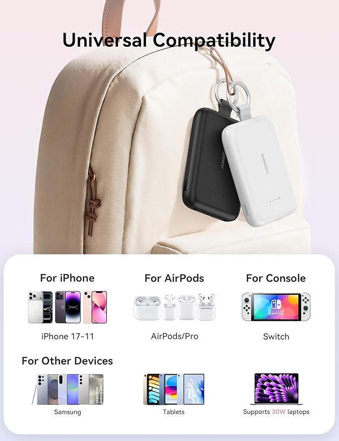 RORRY Portable Charger, 10000mAh PD 30W Fast Charging Portable Charger Power Bank with Built-in Cables, Travel Keychain Charger Battery Pack for iPhone 17/16/15/14/13/12, for AirPods 2/3/4/Pro, Pink - Image 6