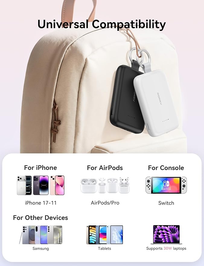 RORRY Portable Charger, 10000mAh PD 30W Fast Charging Portable Charger Power Bank with Built-in Cables, Travel Keychain Charger Battery Pack for iPhone 17/16/15/14/13/12, for AirPods 2/3/4/Pro, Purple - Image 6