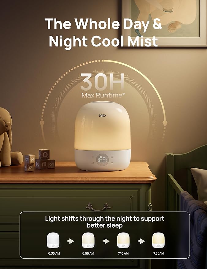 DREO Humidifiers for Bedroom - 30H Max Runtime & RGB Night Light & Sleep Trainer, Ultra Quiet 28dB Cool Mist Humidifier, Top Fill Smart Air Humidifier for Plants, Perfect for Baby & Nursery, HM409S - Image 4