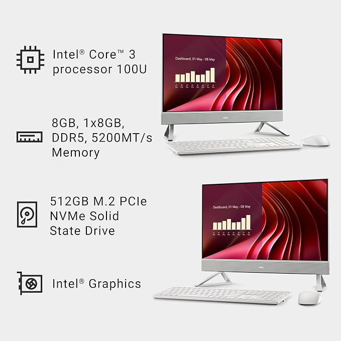 Dell 23.8" All-in-One Desktop, FHD, Intel Core 3 100U, Windows 11 Home | Intel Graphics, 512GB SSD, 8GB, Wi‑Fi 6E, Bluetooth, Keyboard & Mouse, Dolby Atmos Speakers, EC24250 - Image 9