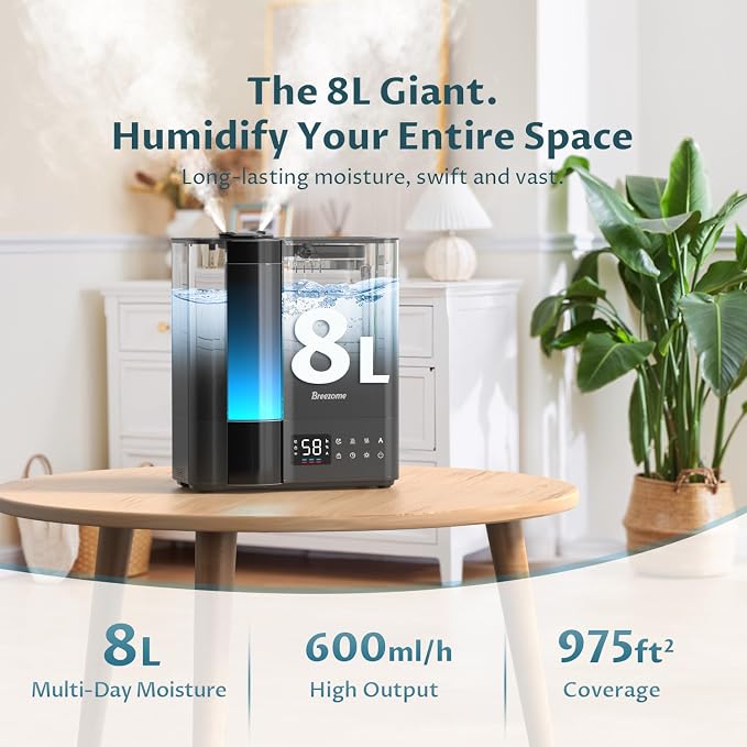 BREEZOME 8L Humidifiers for Bedroom, Warm & Cool Mist for Large Room Home, Top Fill Ultrasonic Humidifier, Humidity Sensor, Essential Oil, 60H Runtime, Quiet for Baby, Plants, Fast Relief - Image 4