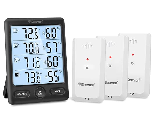 Geevon Indoor Outdoor Thermometer Wireless 3 Remote Sensors, 5-Inch Display by GEEVON