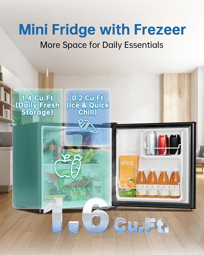 1.6 Cu Ft Mini Fridge with Freezer, Single Door Upright Freezer | 30dB Ultra Quiet, Adjustable Thermostat, Reversible Door, ETL Certified, Mini Fridge for Bedroom, Dorm & Office, Black - Image 3