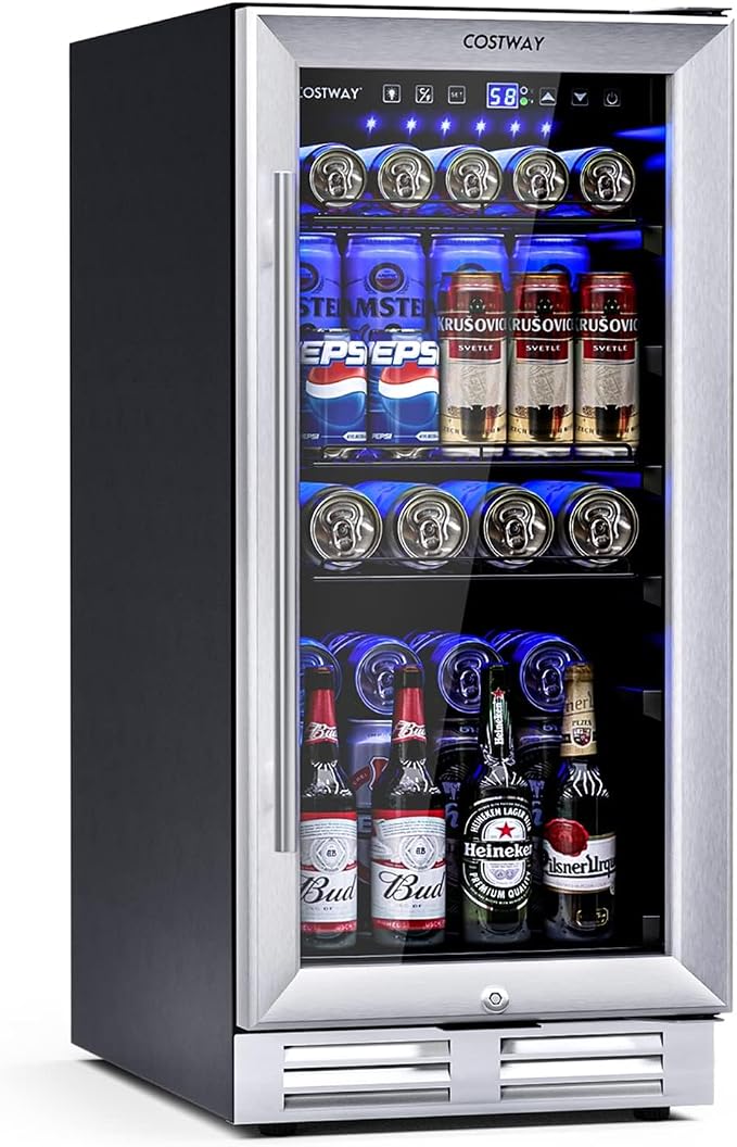 COSTWAY 15 Inch Beverage Cooler Refrigerator - 3.5 Cu.ft Mini Fridge with Glass Door, Lock and Removable Shelves for Soda Beer Wine, Freestanding Small Drink Refrigerator for Home Office Bar by COSTWAY