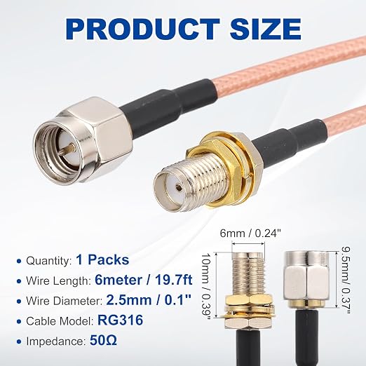MECCANIXITY SMA Antenna Extension Cable, 19.7ft SMA Male Inner Pin to Female - Image 2