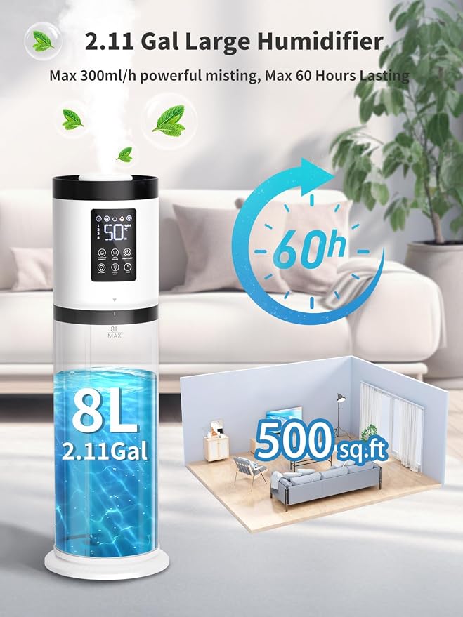 8L Humidifiers for Bedroom, 30dB Quiet, 500ft² Coverage, 60H Runtime, Top Fill, 3-in-1 Humidifier Large Room & Essential Oil Diffuser & Ambient Light, Sleep Mode, 16H Timer, Auto Shutoff Protection - Image 2