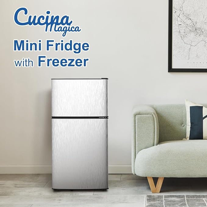Cucina Magica Mini Fridge with Freezer, 3.2 cuft Small Refrigerator, 7 Adjustable Thermostat, Energy Saving, Low Noise, Double Door Compact Refrigerator for Dorm, Bedroom, Office - Silver - Image 2