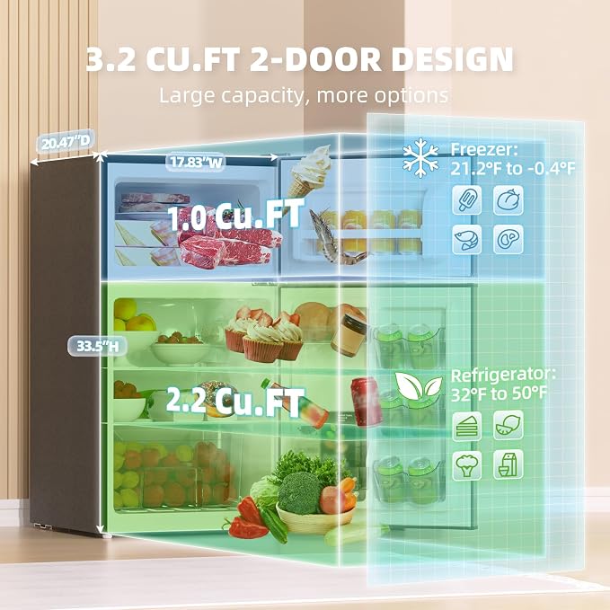 Mini Fridge with Freezer 3.2 Cu.Ft. 2 Door Refrigerator and Freezer Small Fridge for Bedroom Home Office Dorm, Small Drink Chiller, 37 dB Low Noise, Stainless Steel - Image 2