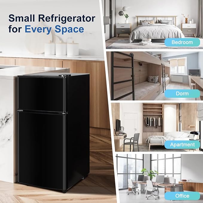 3.2 Cu.Ft Mini Fridge with Freezer, 7-Level Cooling Small Refrigerator | Energy Efficient Low Noise Double Door Compact Fridge for Dorm, Bedroom, Office - Black - Image 6