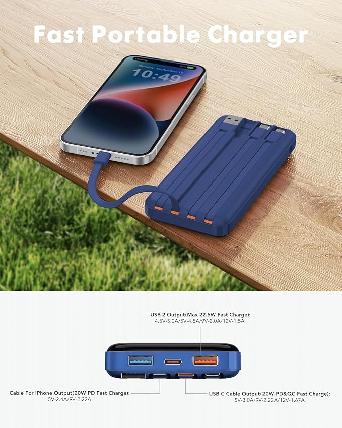 charmast 20000mAh Portable Charger with Built in Cables, 22.5W Travel Power Bank Fast Charging, USB C Cell Phone Battery Pack for iPhone 16/15/14/13/12/11 Series, iPad, Samsung, Android, Tablet - Image 8