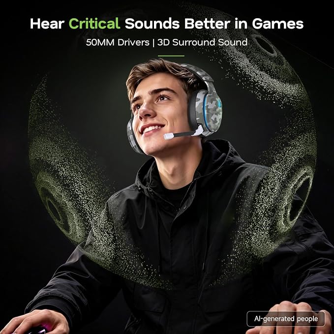 AOC 2.4GHz Wireless Gaming Headset for PS5, PS4, PC, Switch, 45Hr, Camo | Bluetooth 6.0 Gaming Headphones with Noise Canceling Mic, 7.1 Virtual Surround, Great for Fortnite & Call of Duty/FPS Gamers - Image 3