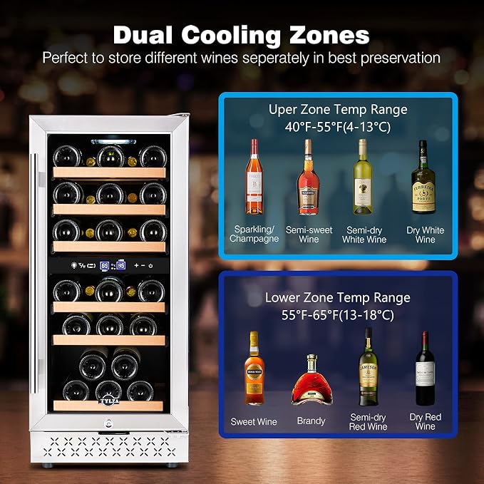 Mini Fridge 15 Inch Wine Cooler Under Counter, 30 Bottles Dual Zone Wine Fridge with Safty Lock, Wine Refrigerator Freestanding, Built-in Wine Cellars - Image 2