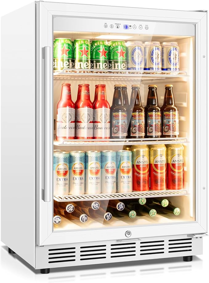 24" Beverage Refrigerator Glass Door Reversible White | Built-in/free, fast cool, <38dB, temp memory, glass+lock, 37-65°F, 190 can by TYLZA