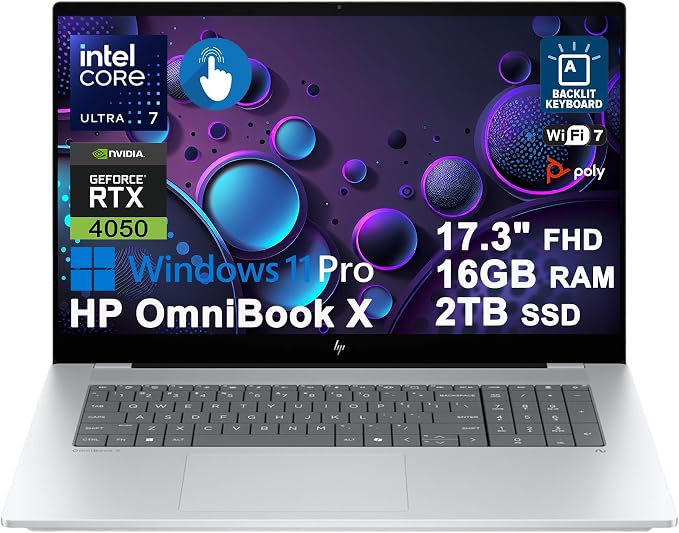 HP OmniBook X AI Laptop 17.3" FHD Touch Intel 8-core Ultra 7 256V 47 AI Tops 16GB RAM 2TB SSD GeForce RTX 4050 Thunderbolt Backlit Wi-Fi7 for Creator Designer Business Professional Win11Pro ICP Hub by Unknown