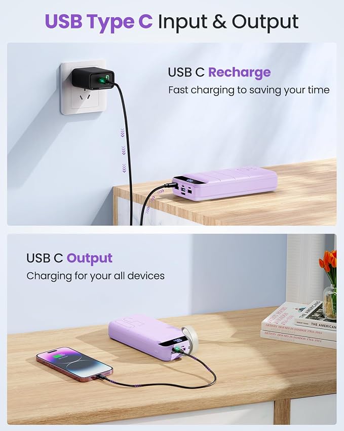Power Bank Fast Charging 50000mAh - 22.5W Portable Charger USB C Quick Charge with 4 Outputs & 3 Inputs LED Display Huge Capacity External Battery Pack for iPhone, Samsung, iPad etc Purple - Image 6