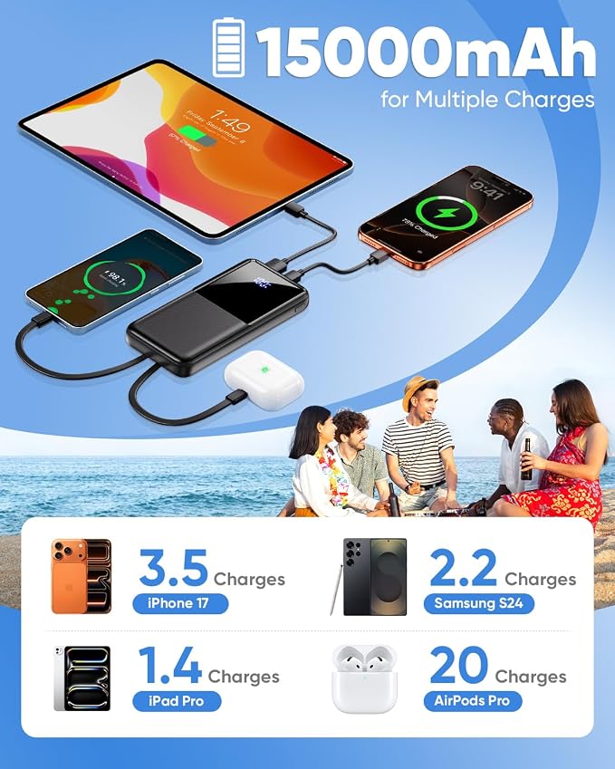 Portable Charger Power Bank - 15000mAh Battery Pack 22.5W Fast Charging Built-in Cable, Portable Phone Charger for iPhone All Models Samsung Android, Airline Friendly Camping Travel Essentials, 1 Pack - Image 4