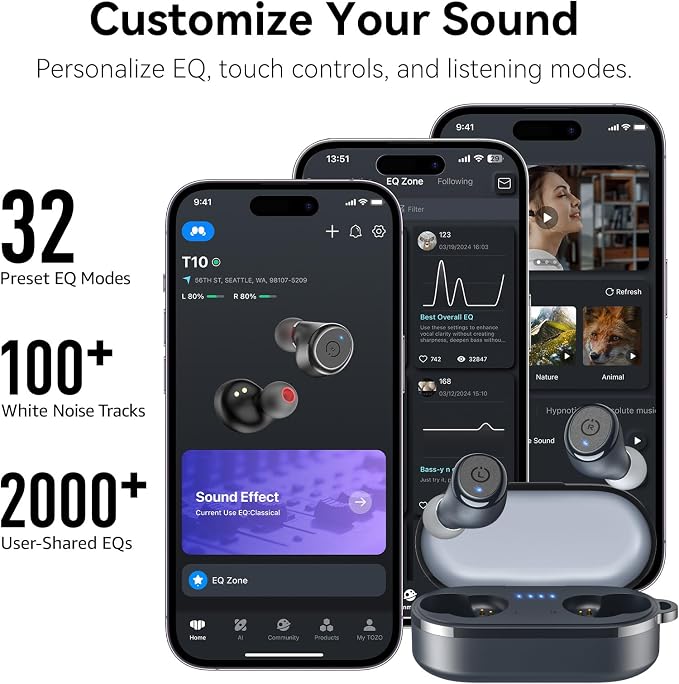 TOZO T10 Wireless Earbuds Powerful Bass Stereo Wireless Charging, APP, IPX8 | Waterproof, 55H Playtime, Ergonomic Design In Ear buds, App Customize EQ, Bluetooth 5.3 Headphones for Work, Travel, Blue - Image 6