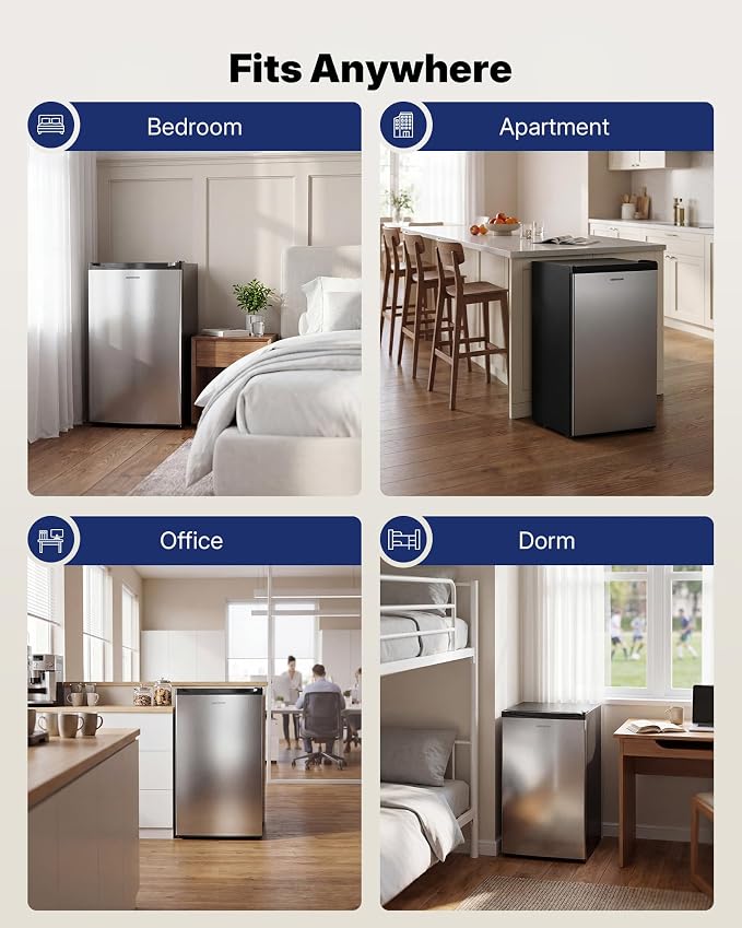 Upstreman 3.2 Cu.Ft Mini Fridge with Freezer, Stainless Steel-SR321 | Adjustable Thermostat, Energy Saving, Low Noise, Reversible Door, Small Refrigerator for Dorm, Bedroom, Office - Image 8