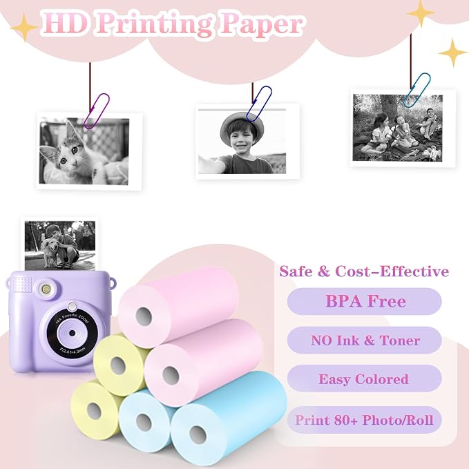 6 Rolls Kids Camera Instant Print Refill Paper Set, Phetium HD Printing Thermal - Image 2
