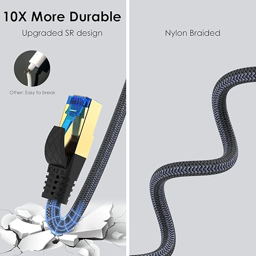 Cat 8 Ethernet Cable 10ft, Indoor Nylon Braided Cat 8 Cable, Heavy Duty 26AWG - Image 3