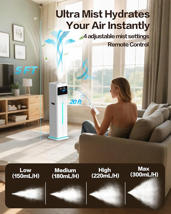 Cool Mist Humidifiers for Bedroom, Ultrasonic 2.4Gal 9L Quiet Top-Fill, Easy Clean with Essential Oil Tray, 360°Nozzle, 4 Speed, Remote, 60H Runtime, for Baby, Adults, Plants, Home, House, Large Room - Image 5
