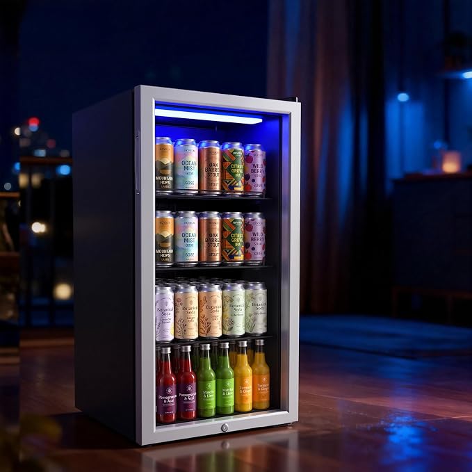 Bonnlo 130 Cans/3.3 Cu.Ft Beverage Refrigerator Cooler with Glass Door & Safety Lock, Quiet Mini Drink Fridge with Adjustable Shelf & Feet, Small Wine Cooler for Bedroom, Bar & Office, 32-50°F, 115V - Image 7