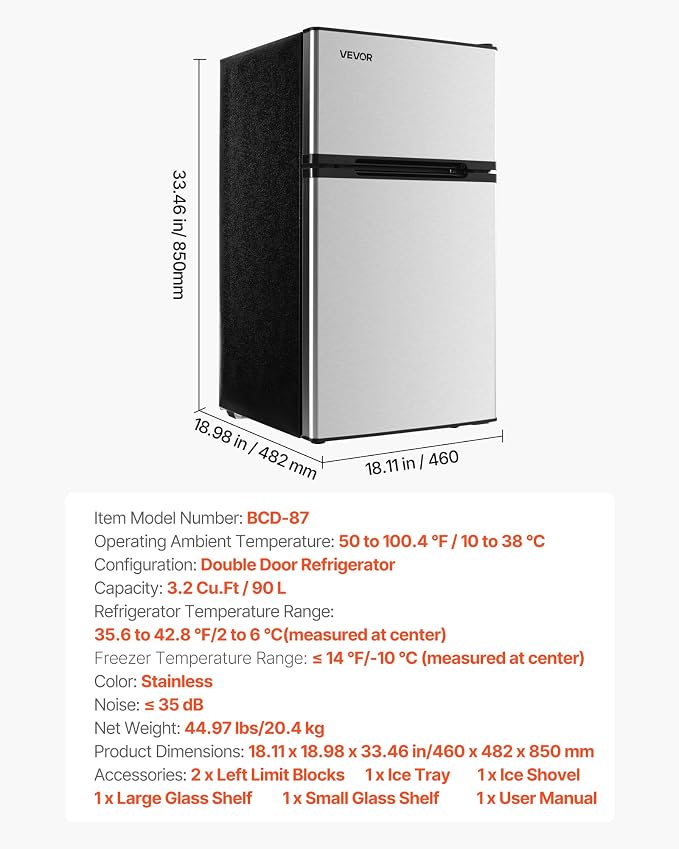 VEVOR Mini Fridge with Freezer, 3.2 Cu.Ft, Dual Zone Compact Refrigerator, 3 Modes Adjustable Temp, Energy Efficient Small Fridge, Reversible Door, Low Noise, for Bedroom, Dorm, Brushed Stainless - Image 7