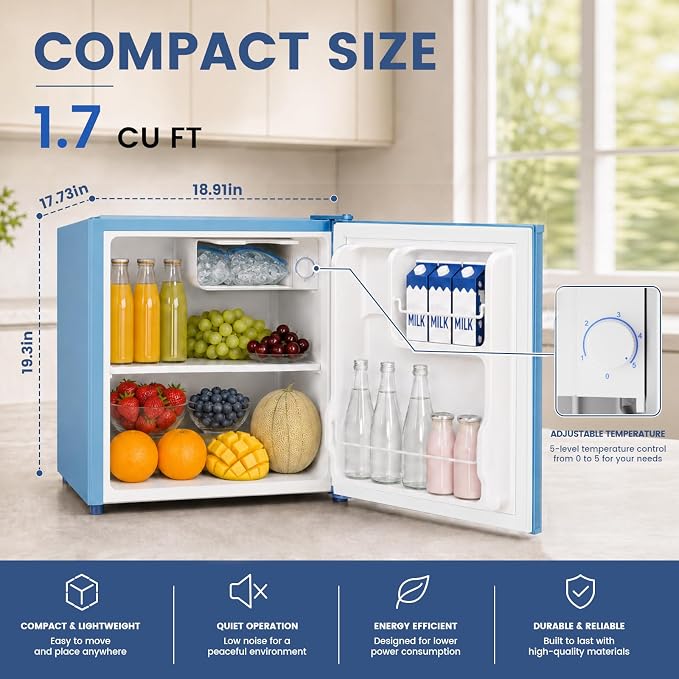 1.7 Cu.Ft Mini Fridge with Freezer for Dorm Office,Blue | Compact Refrigerator Office, Energy Saving Small Fridge Reversible Single Door, Low Noise for Bedroom Small Apartment - Image 2