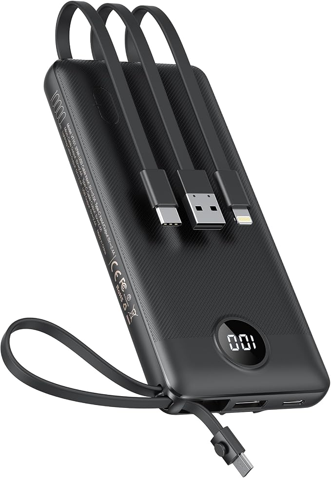 VEEKTOMX Portable Charger Built-in Cables,10000mAh Power Bank for iPhone,Fast Charge USB C Battery Pack Travel Essentials Powerbank Compatible with iPhone 17/16/15/14, Samsung S25/24, Android, etc by VEEKTOMX