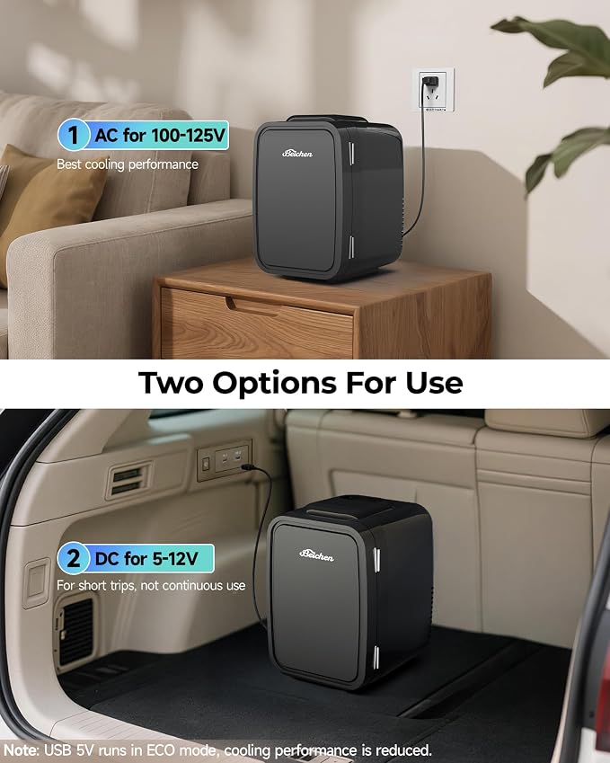 BEICHEN Mini Fridge 4 Liter/6 Can Portable Compact Refrigerator | for Bedroom Office Dorm Car, Fast Cooling, Low Noise, 100-125V AC/5-12V USB, for Skincare, Food, Drinks(Black) - Image 4