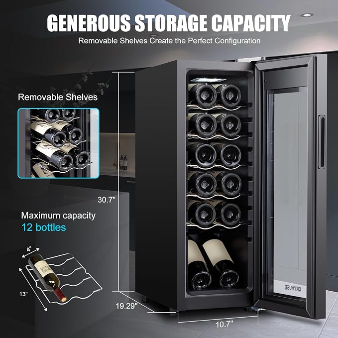 12 Bottle Mini Wine Fridge with Lock, Freestanding Compressor Wine Cooler Refrigerator, 10.7 Inch Wide Compact Wine Chiller with Glass Door, 41°F-64°F Digital Temperature Control, Black - Image 5