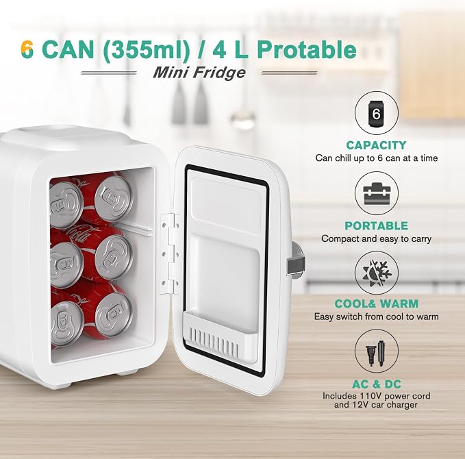CROWNFUL Mini Fridge, 4 Liter/6 Can Portable Cooler and Warmer Personal Refrigerator for Skin Care, Cosmetics, Beverage, Food,Great for Bedroom, Office, Car, Dorm, ETL Listed (White) - Image 3