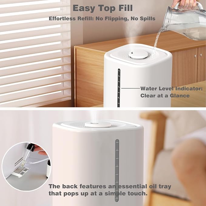 Top Fill Humidifiers for Bedroom, 4.5L Tank for Large Room, Oil Diffuser, 20dB Quiet Cool Mist Air Humidifier for Home Baby Nursery & Plants, Auto Shut-off and BPA-Free for Safety, 100H - Image 3