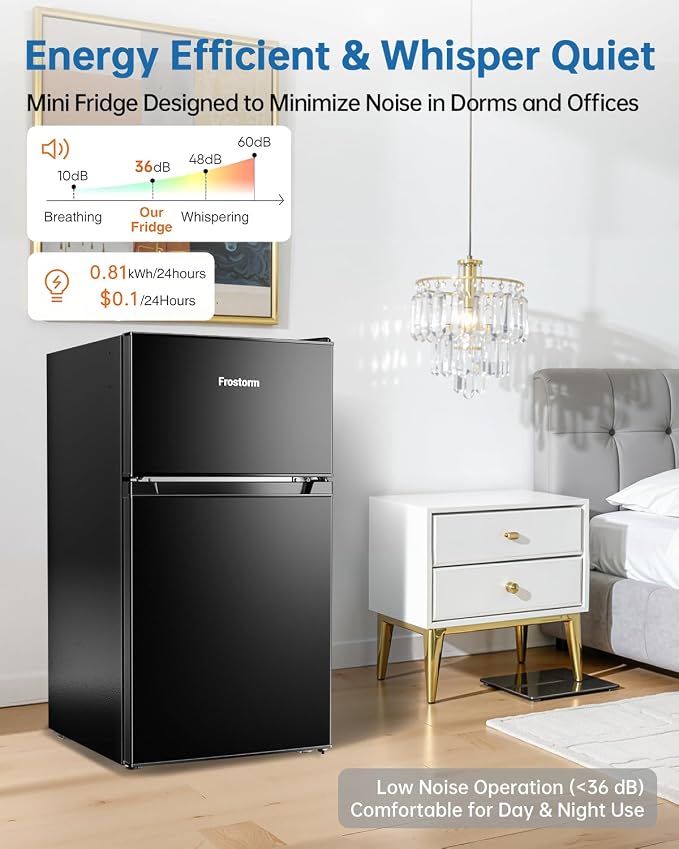 3.2 Cu Ft Mini Fridge with Freezer, Double Door Upright Freezer | Energy Efficient, Glass Shelves, Interior Light, ETL Certified, Compact Small Refrigerator for Bedroom, Office & Dorm, Black - Image 4