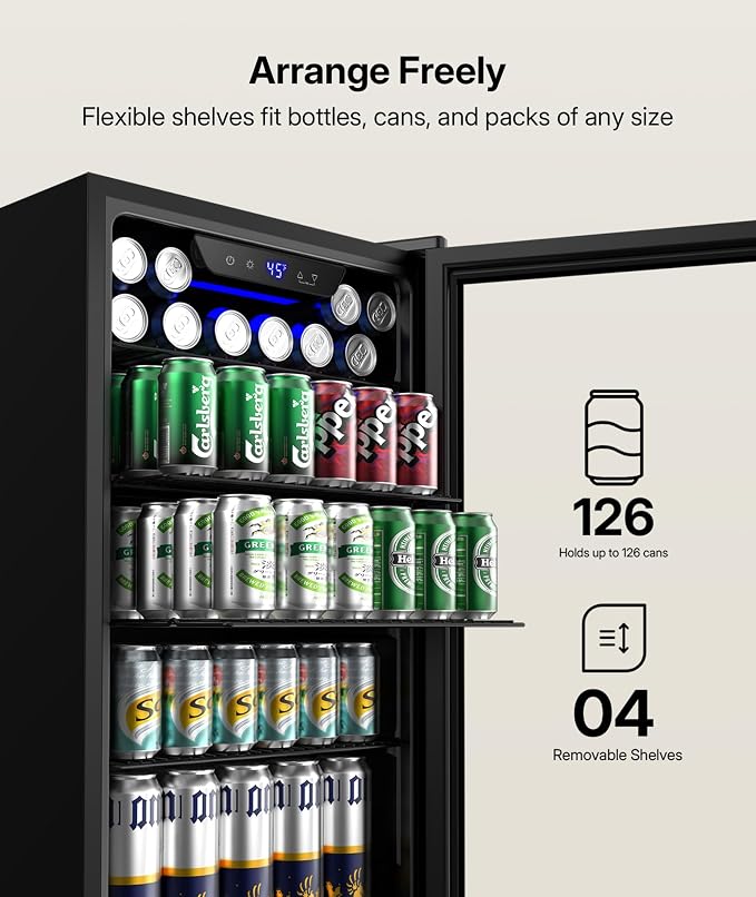 Upstreman 3.2 Cu.Ft Beverage Cooler, 126 Can Drink Fridge with Glass Door | Mini Beverage Fridge for Soda Wine Beer, Adjustable Temperature Control, Beverage Refrigerator for Home, Bar, Office - Image 3