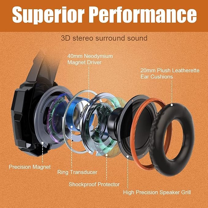 BENGOO G9000 Stereo Gaming Headset for PS4, PC, Xbox One Controller, Noise Cancelling Over Ear Headphones with Mic, LED Light, Bass Surround, Soft Memory Earmuffs (Orange) - Image 2
