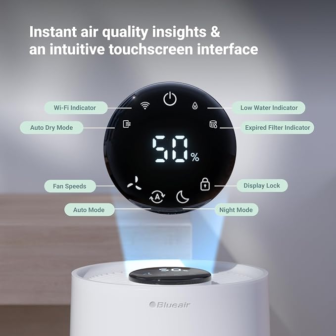 BLUEAIR Premium Smart Humidifier for Large Rooms, Bedrooms, Better Sleep with Evaporative Invisible Mist Tech, Auto Humidify, Easy Top Fill, Smart Control with App, Touchscreen, 3.5L Tank for 48 hours - Image 8
