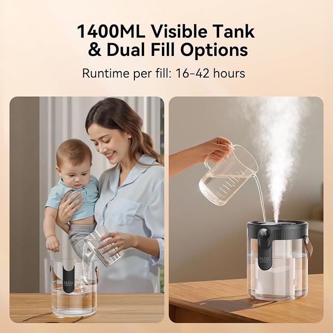 Rechargeable Portable Top Fill Humidifier, Smart Humidifiers for Bedroom, Night Light, 1.4L Cool Mist Humidifier for Office Home Plant Baby, 3-Speed Mist Control, Quiet, Auto Shut-Off (Grey) - Image 8