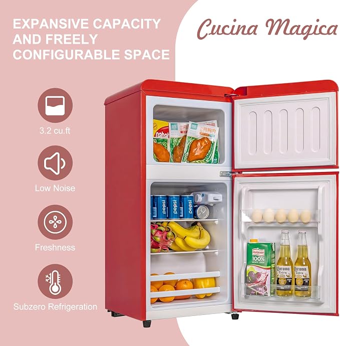 Mini Fridge with Freezer, 3.2 Cu.Ft Retro Double Door Refrigerator with 7 Level Thermostat, Adjustable Removable Glass Shelves for Bedroom Office Apartment Dorm Bar (RED, 3.2 Cu.Ft.) - Image 2