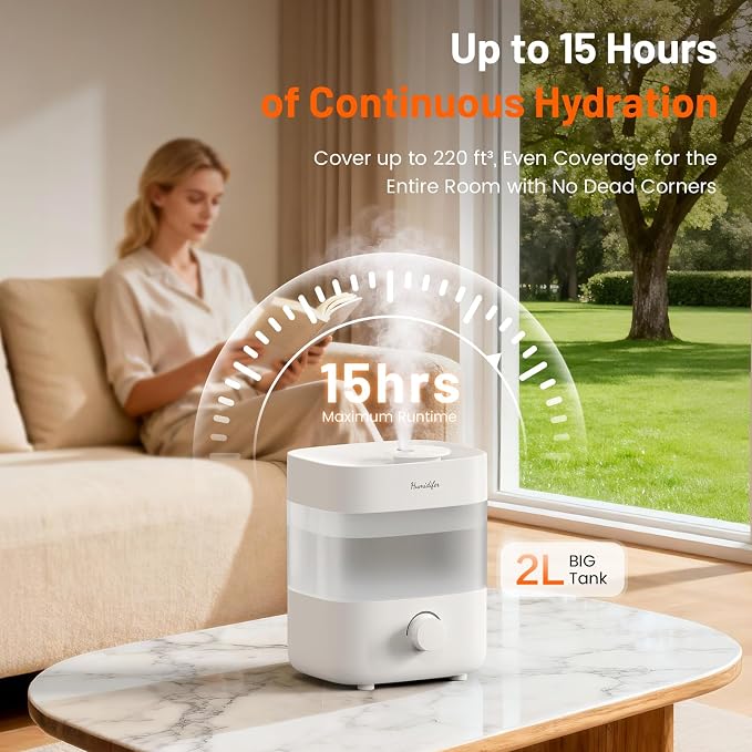 Humidifiers for Bedroom, 2L Tank for 15H, 20dB Quiet Mist Time, Dual Nozzles, Auto Shut-Off, Rotate to Adjust Mist Intensity, Rapid Ultrasonic Humidification for Baby Nursery and Plant (White) - Image 3