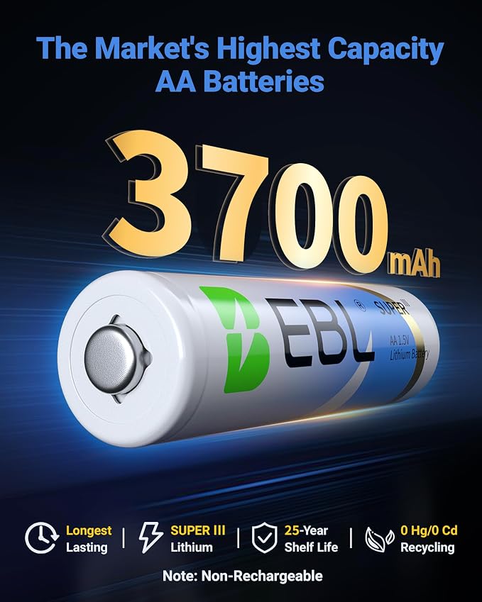 EBL AA Lithium Batteries 3700mAh, 24 Pack Non-Rechargeable 1.5V Longest Lasting - Image 2